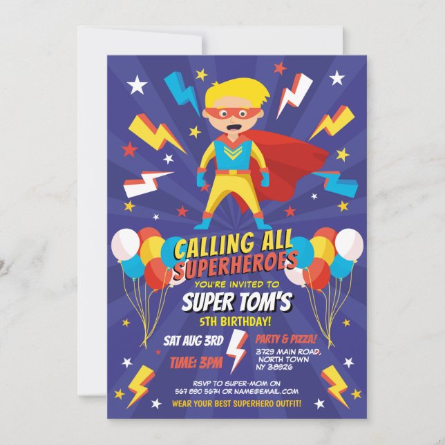 Superhero Einladung Boys Blue Stars Super Party (Vorderseite)