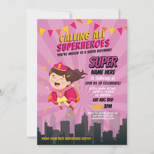 Superhero Einladung Pink Girls Super Party (Vorderseite)