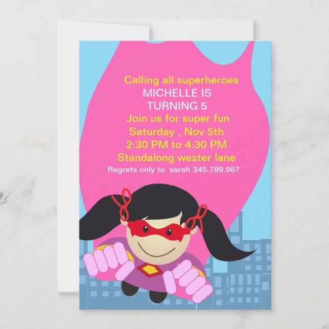 Superhero fille Anniversaire Invitation pour le su (Devant)