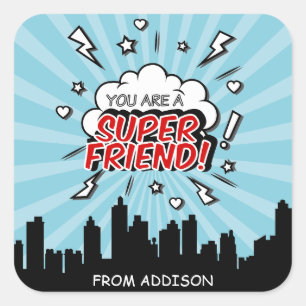 Superhero-Freund-Comicvalentine-Aufkleber Quadratischer Aufkleber