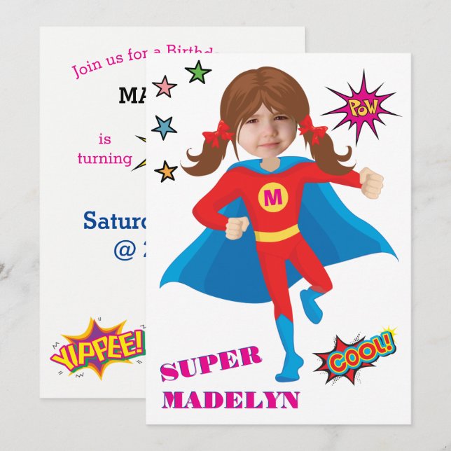 Superhero Girl Birthday Comic ⚡ Fun Fab USA Einladung (Vorne/Hinten)