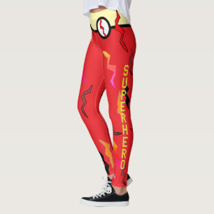 Superhero Halloween Red Cream Lightning Bolts Leggings