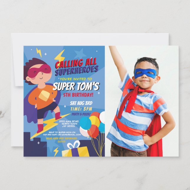 Superhero Invitation Boys Blue Photo Super Party (Devant)
