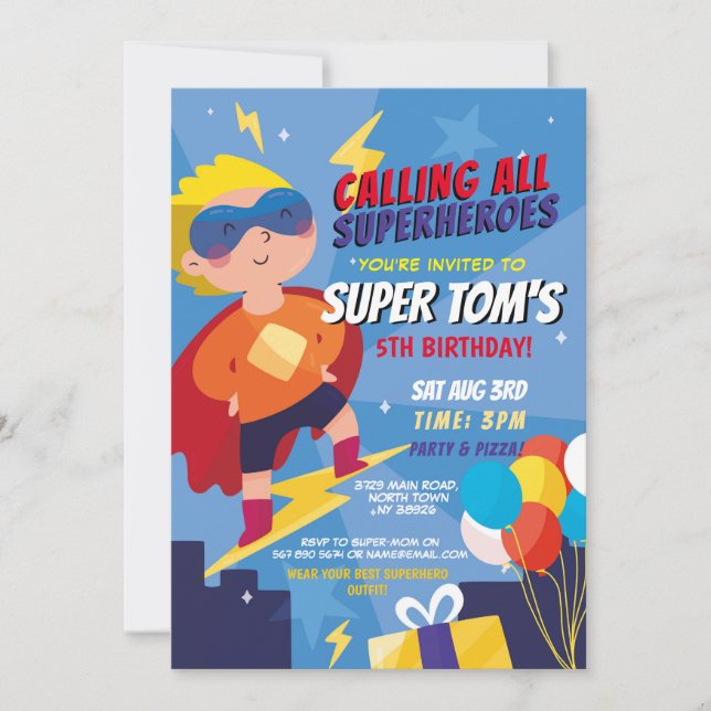 Superhero Invitation Boys Blue Stars Super Party (Devant)