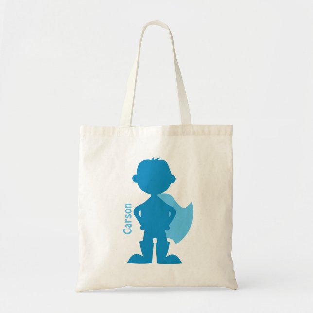 Superhero-Jungen-Silhouette-personalisiertes Blau Tragetasche (Vorne)