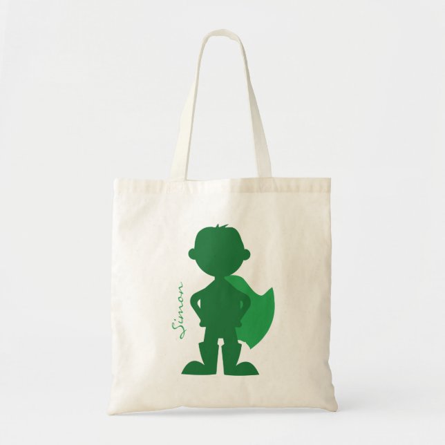Superhero-Jungen-Silhouette-personalisiertes Grün Tragetasche (Vorne)