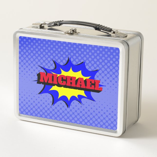 Superhero Kids Comic Buch Personalisierter Name Metall Brotdose (Vorderseite)