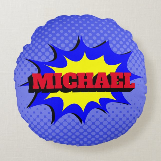 Superhero Kids Comic Buch Personalisierter Name Rundes Kissen (Vorderseite)