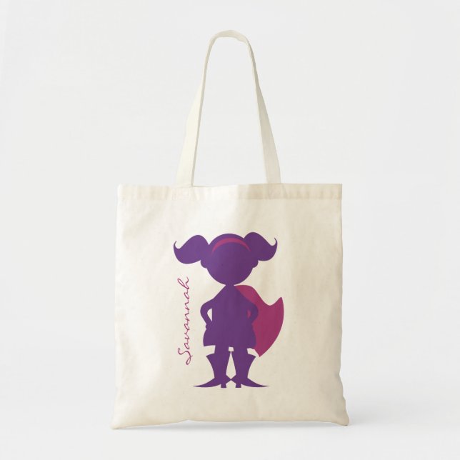 Superhero-Mädchen-Silhouette-personalisiertes Lila Tragetasche (Vorne)