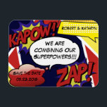 Superhero Parody Save the Date Wedding Magnet<br><div class="desc">Ein cooler,  lustiger und trendiger "Save the Date" Hochzeitsmagnet. Fett & lebhaft Farben,  Comic Kunst und die Nachricht "Wir kombinieren unsere Superkräfte" Fügen Sie Datum und Namen hinzu.</div>
