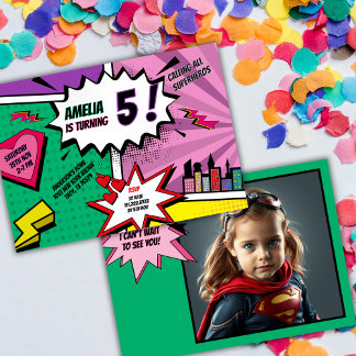 Superhero Party Comic Book Birthday Photo Girl Einladung