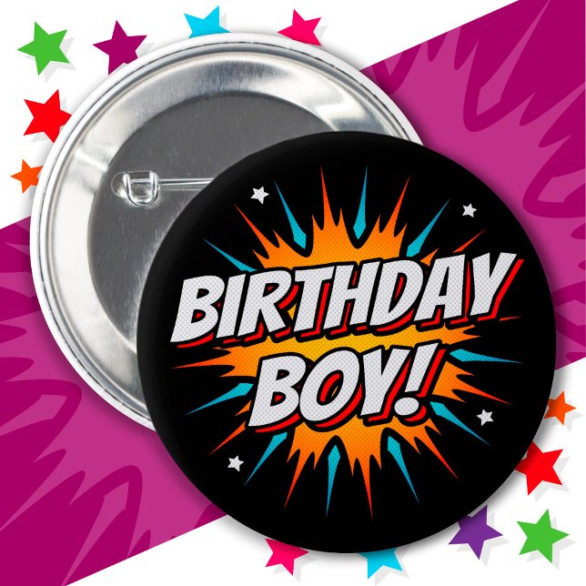 Superhero Party Comic Book Hero Birthday Boy Button (Von Creator hochgeladen)
