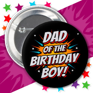 Superhero Party Comic Vater von Birthday Boy Button