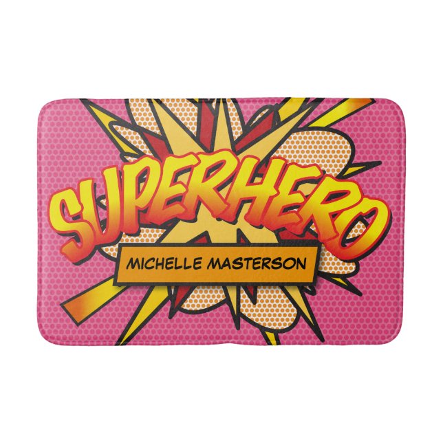 SUPERHERO Personalisiert Pink Comic Buchen Spaß Badematte (Vorderseite)