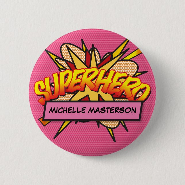 SUPERHERO Personalisiertes Comic Buch Rosa Button (Vorderseite)