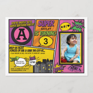 Superhero Pink Girl's Invitation Super Hero Invita