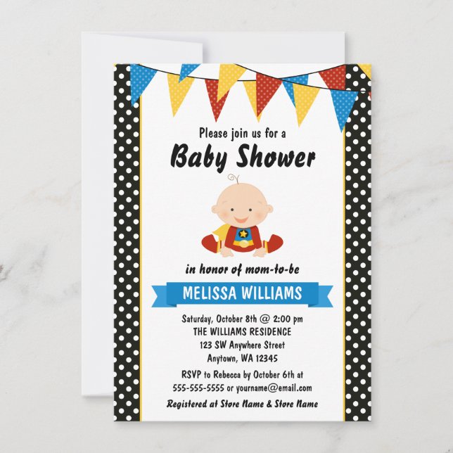 Superhero Polka Dot Babydusche Einladung (Vorderseite)