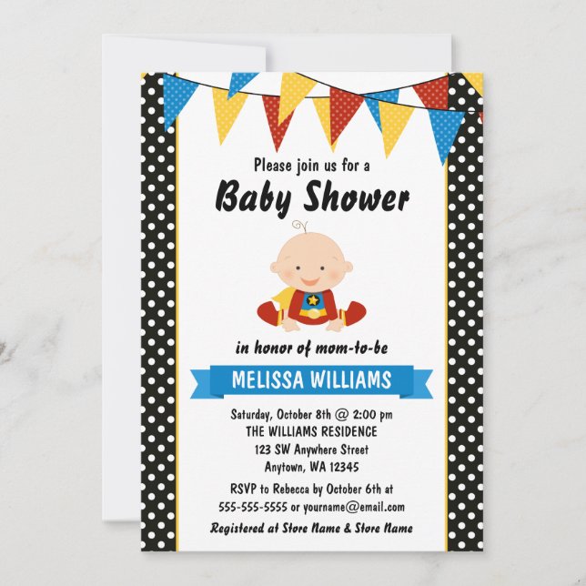 Superhero Polka Dot Babydusche Einladung (Vorderseite)
