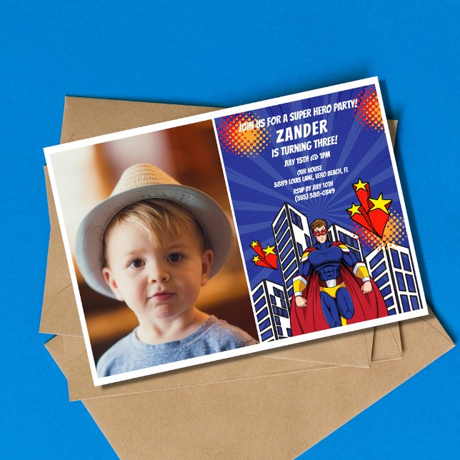 Superhero Theme Foto Boys 3. Geburtstag Party Einladung (Superhero Theme Photo Boys 3rd Birthday Party Invitation)
