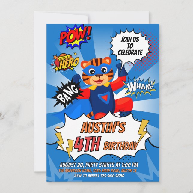 Superhero Tiger Geburtstagspartei Einladung (Vorderseite)