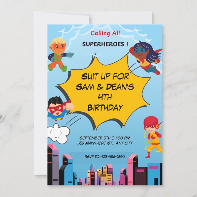 Superhero Twin 4th Birthday Party Invitation (Devant)