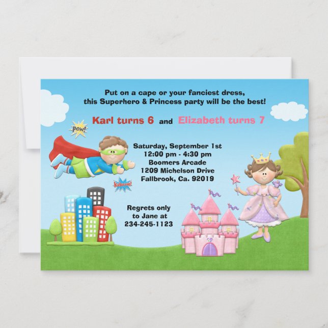 Superhero-und Prinzessin-Birthday Party Einladung (Vorderseite)