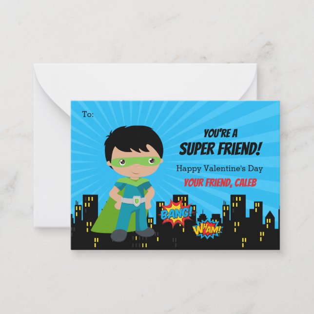 Superhero Valentine Card - Boys Dark Skin Mitteilungskarte (Vorderseite)