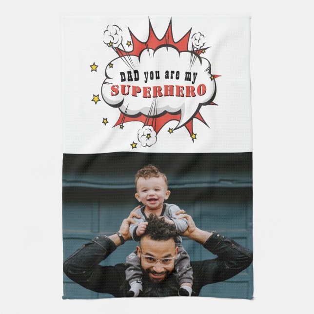 Superhero Vater Cartoon Speech Bubble Vathers Tag Geschirrtuch (Vertikal)