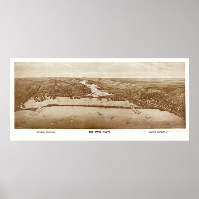 Superior, WI - Duluth, MN Panorama Karte - 1915 Poster (Vorne)
