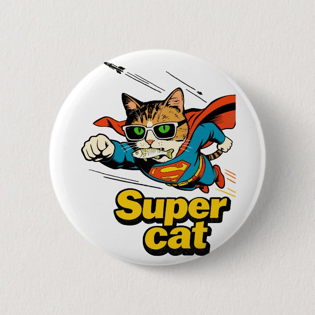 Superkatze fliegt mit Fisch  Button (Vorderseite)