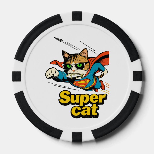 Superkatze fliegt mit Fisch  Pokerchips (Vorderseite)