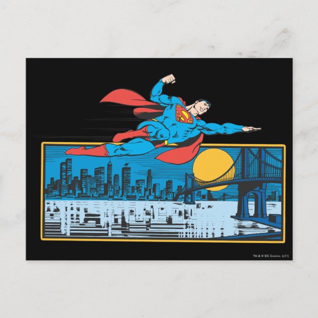Superman fliegt über die Stadt Postkarte (Vorderseite)