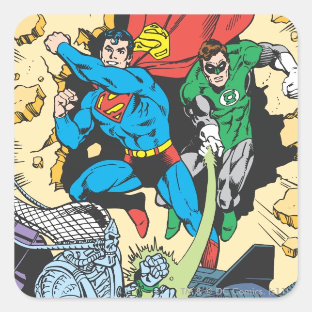 Superman & Green Lantern Fight Brainiac Quadratischer Aufkleber (Vorderseite)