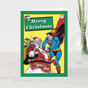 Superman helft dem Weihnachtsmann den Schornstein Feiertagskarte