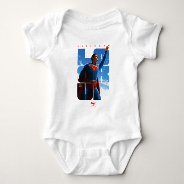 Superman schaut Pose nach oben Baby Strampler (Vorderseite)