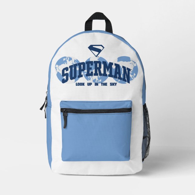 Superman über den Globus Bedruckter Rucksack (Vorderseite)