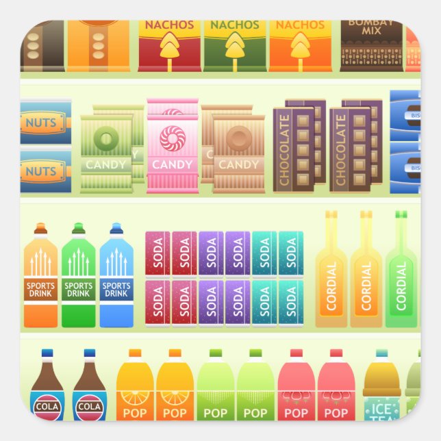 Supermarkt-Regalprodukte Snacks Quadratischer Aufkleber (Vorderseite)