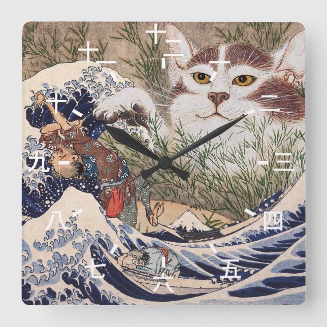 Supernatural Cat at the Great Wave Quadratische Wanduhr (Vorderseite)