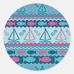Superspaß-Fisch-und Segelboot-Muster Runder Aufkleber