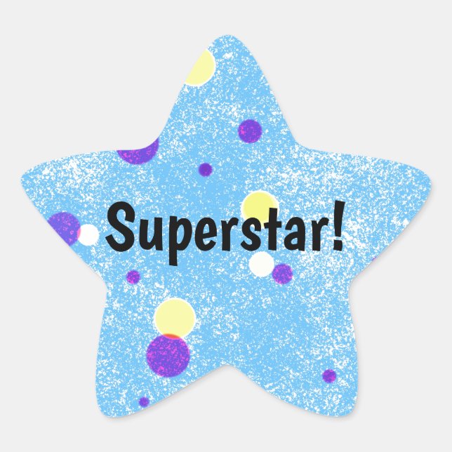 Superstar! Gelbe und Lila Punkte auf blau Stern-Aufkleber (Vorderseite)