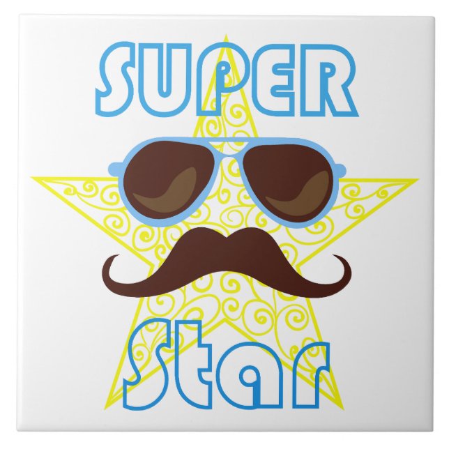 Superstar mit Sonnenbrille und Schnurrbart Fliese (Vorderseite)