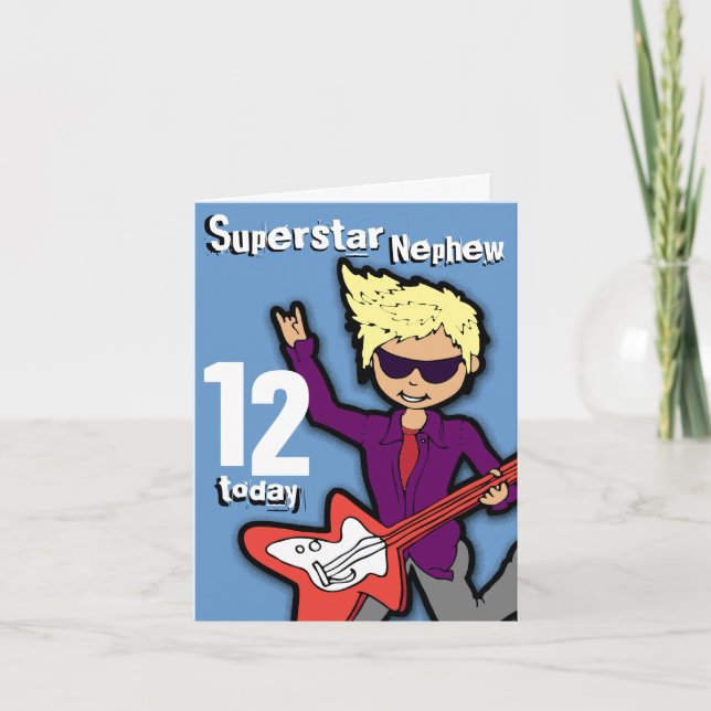 Superstar Nephew 12. Geburtstag blaue rote Jungenk Karte (Vorderseite)