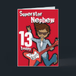Superstar Son 11. Geburtstagskarte Karte<br><div class="desc">Diese Karte liest heute Superstar Nephew 13. Innenseite: Alles Gute zum Geburtstag oder Sie können sich mit Ihren eigenen Worten anpassen. Spaß roter dunkler Haar Junge spielen seine E-Gitarre mit origineller Kunst und entworfen von Sarah Trett für www.mylittleeden.com</div>