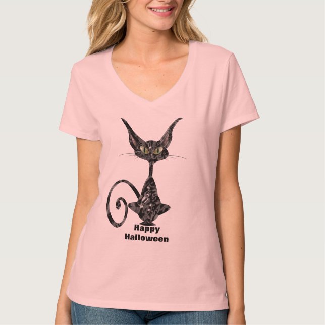 Superstitive Schwarzkatzenpurfette auf Rosa T-Shirt (Vorderseite)