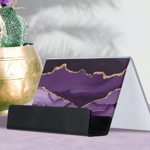 Support Carte De Visite élégante aquarelle violet et or agate