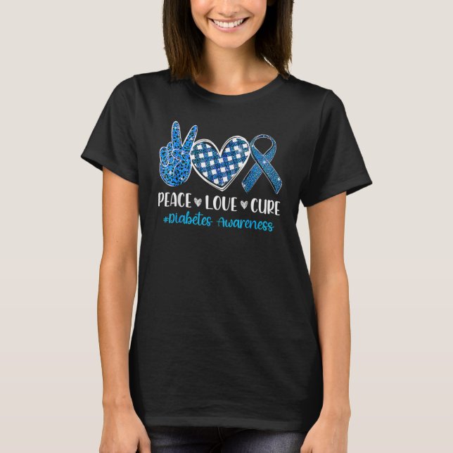 Support Peace Love Cure Grey Blue Ribbon Diabetes  T-Shirt (Vorderseite)