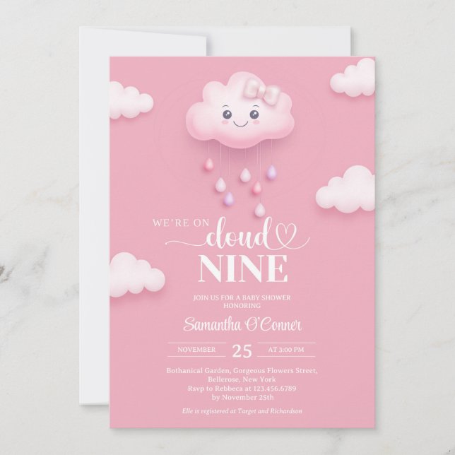 Sur Cloud Neuf Baby shower rose moderne Invitation (Devant)