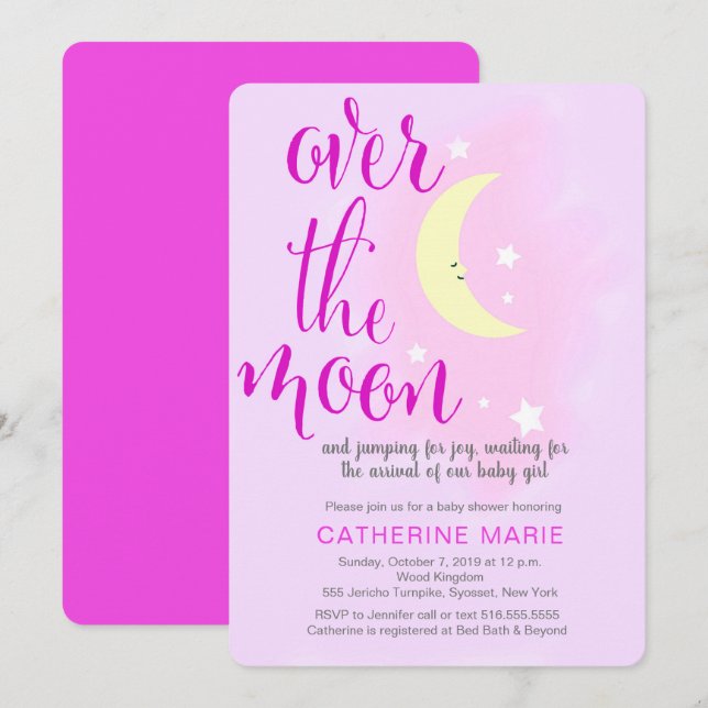 Sur la Lune Baby Girl Shower Invitation (Devant / Derrière)