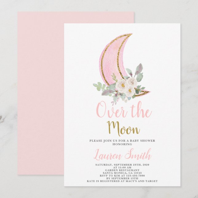 Sur la lune Baby shower fille Invitation (Devant / Derrière)