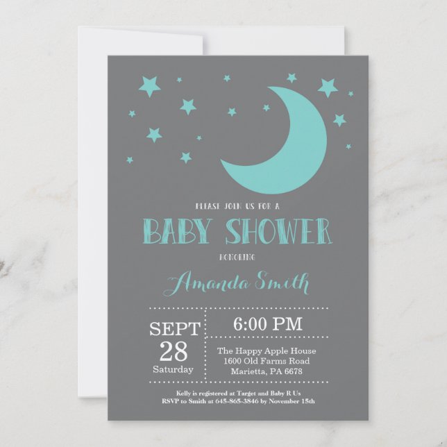 Sur la Lune Baby shower Invitation Auqa (Devant)